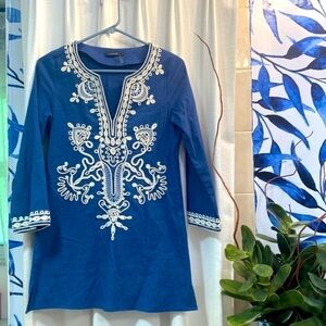 Women’s Gorgeous Blue & White Theme Cotton Blend Tunic Blouse Size Small